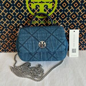Tory Burch Willa Denim Nano Top Handle Crossbody Bag Denim Blue Silver
